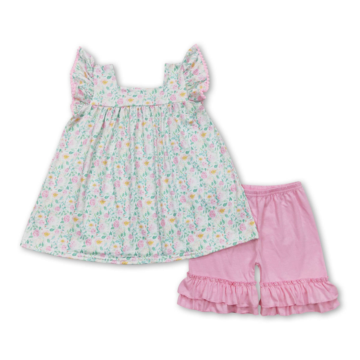 Pink ruffle floral baby girls summer romper