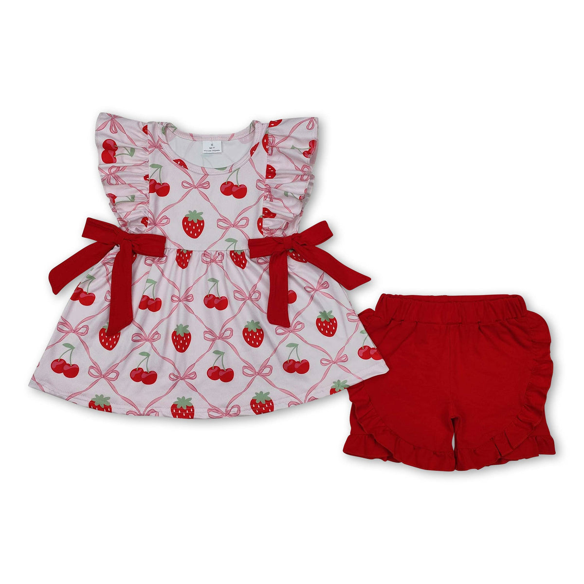 Ruffle pink bow strawberry cherry baby girls romper